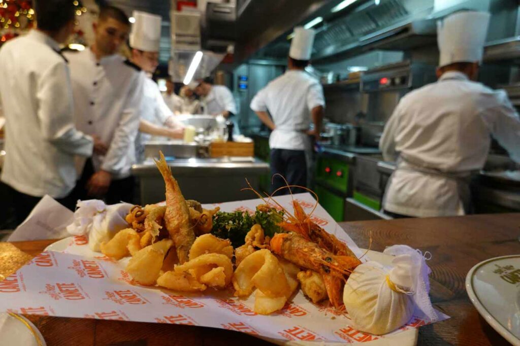 Mixed fried seafood on the bar at Bar Canete in Barcelona