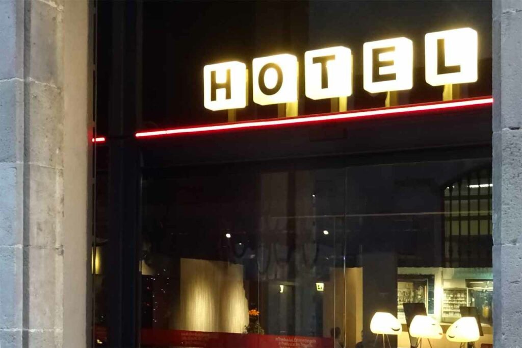 Entrance to Casa Camper hotel in Barcelona with prominent Hotel sign