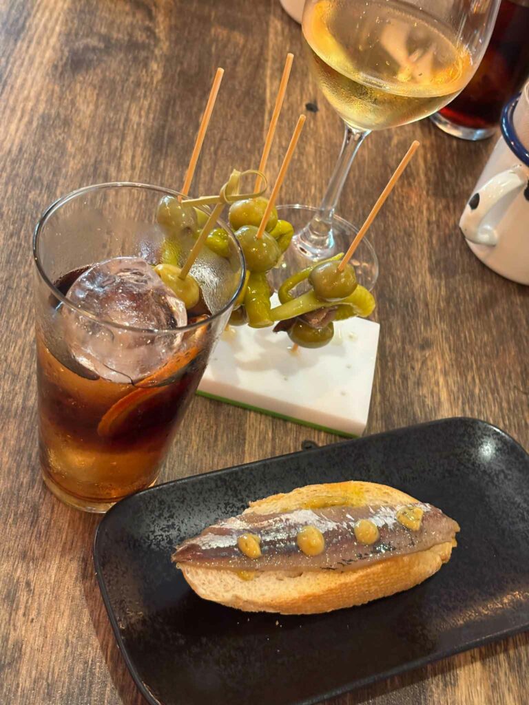 Vermut, Gildas and smoked sardine toast at Celler Florida in Barcelona