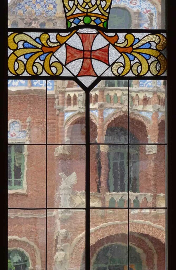 Saint George cross in stained glass at Hospital Sand Pau in Barcelona